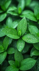 Close-up of lush green leaves covered in droplets of water, showcasing their fresh and vibrant texture. Ideal for nature and botanical themes.