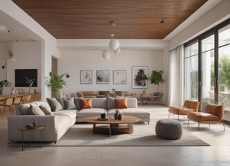 Fototapeta premium Spacious open-plan living area, modern art, comfortable seating , minimal, comfort