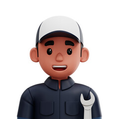 3D cartoon avatar of a male mechanic with dark uniform and wrench icon. Industrial worker look
