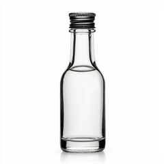 Clear Glass Bottle with Silver Cap on White Background