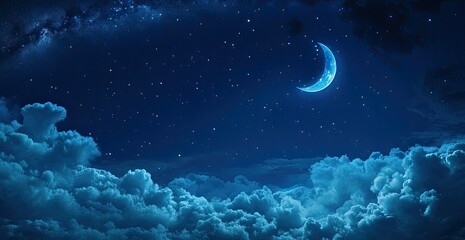 Night sky filled with clouds and a crescent moon