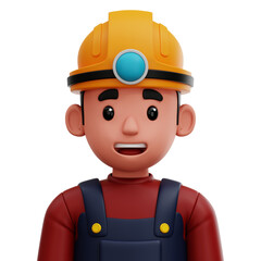 3D avatar of a miner wearing helmet and overalls. Cartoon-style underground worker character