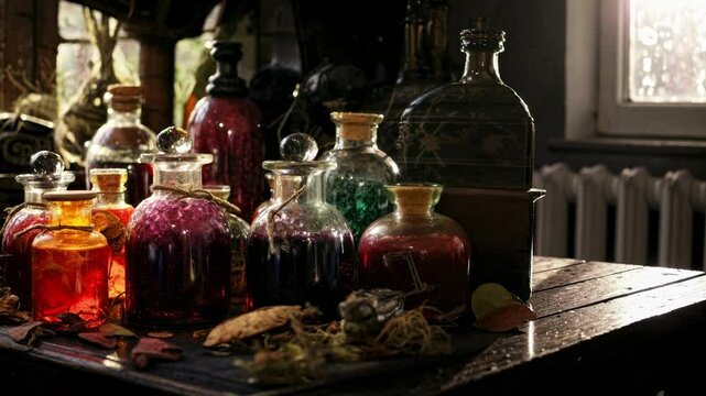 A video still of vintage potion bottles on a wooden table, captured from a low angle. Warm, mystical lighting enhances the enchanting atmosphere.