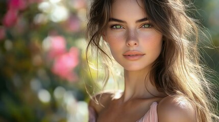 Fototapeta premium A beautiful young woman with stunning green eyes and soft brown hair, surrounded by vibrant flowers, exuding natural beauty and elegance.