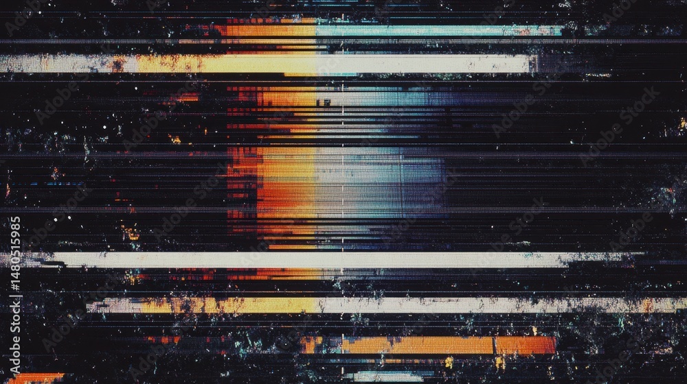 Poster abstract glitch art with horizontal lines of vibrant colors on a dark background, resembling a damag