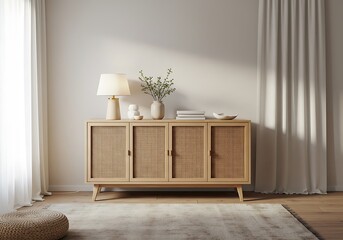 Light wood sideboard with lamp and decor against white wall in living room