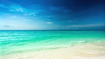 Tranquil seascape with a vast expanse of turquoise water gently lapping against a pristine white sandy beach, creating a picturesque image of tropical paradise.
