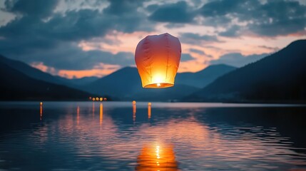 A floating lantern over a serene lake at dusk with mountains in the background