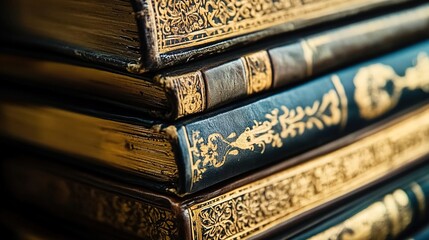 Stack of Antique Books with Ornate Gold Embossing