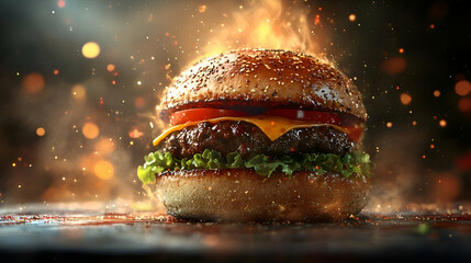 Delicious burger bursting with fiery flames.