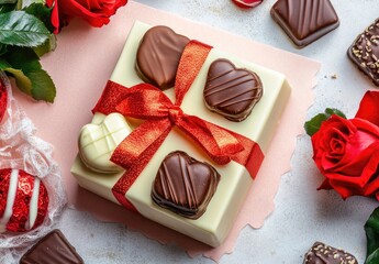A gift box filled with assorted chocolates, including heart-shaped pieces, is presented on a light-colored surface surrounded by roses