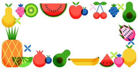 Fruits berries frame. Vector geometric illustration of pineapple, grape, lemon, watermelon. Food banner, package design