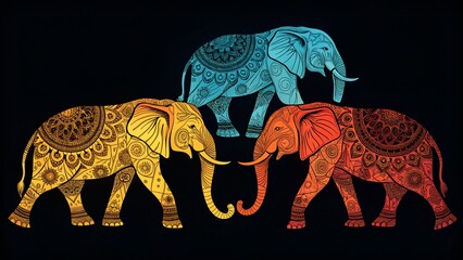Obraz premium Colorful ornate elephants artwork against a black backdrop depicting majestic indian design