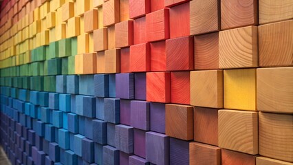 Fototapeta premium Colorful wooden cubes arranged in a rainbow gradient pattern creating a 3d wall