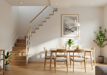 Bright dining area with wooden table chairs and staircase in a modern home
