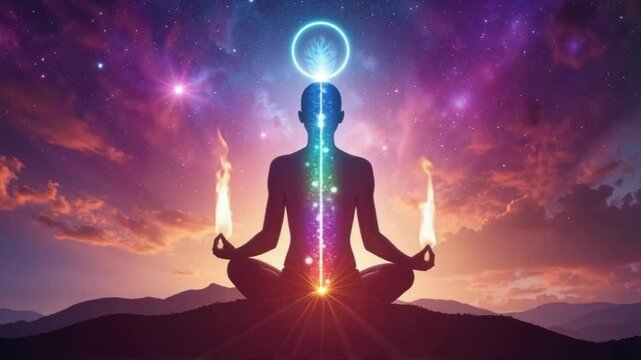 Human silhouette meditating with glowing chakras against cosmic backdrop  