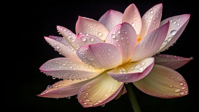 Delicate pink lotus flower with water droplets blooming against a dark background