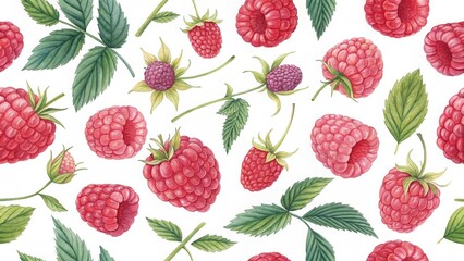 Watercolor Raspberries Repeat with Leaves