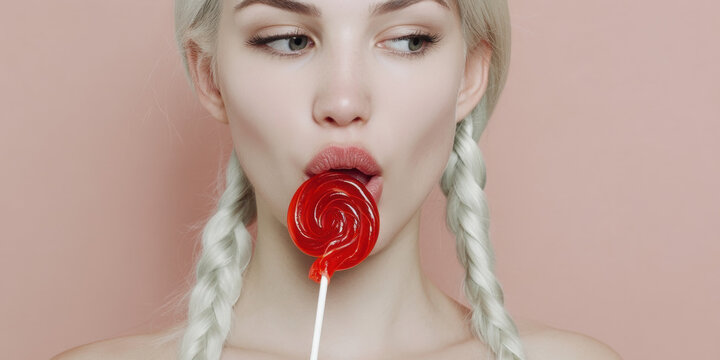 Young Woman with Blonde Braids Tasting Red Lollipop Against Pink Background