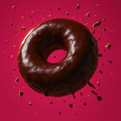 Floating Chocolate Donut – Hyperreal Macro Shot with Crumbs and Splashes on Pink Background