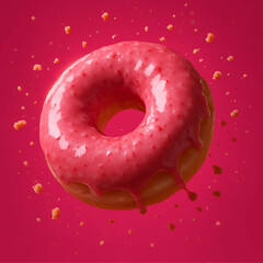 Floating Strawberry Donut – Hyperreal Macro Shot with Crumbs and Splashes on Pink Background
