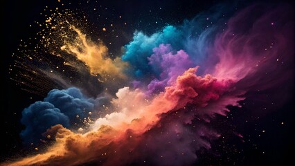 Explosive abstract art displaying colorful powder paint smoke and cosmic space effects