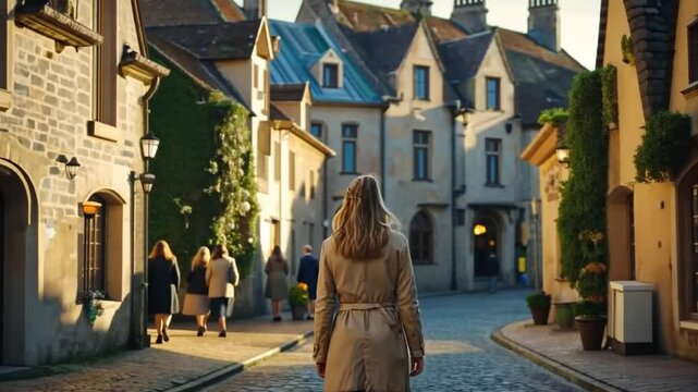 Beautiful girl walking toward the Twin Gothic-style Quart Towers in Valencia. A female tourist looking at the Spanish architecture of Portal de Quart in Spain	