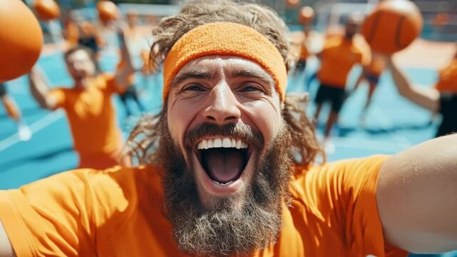 Joyful participants wearing orange jerseys gather on the court, celebrating the love for basketball with smiles, laughter, and energetic activities. A vibrant summer day fuels the excitement