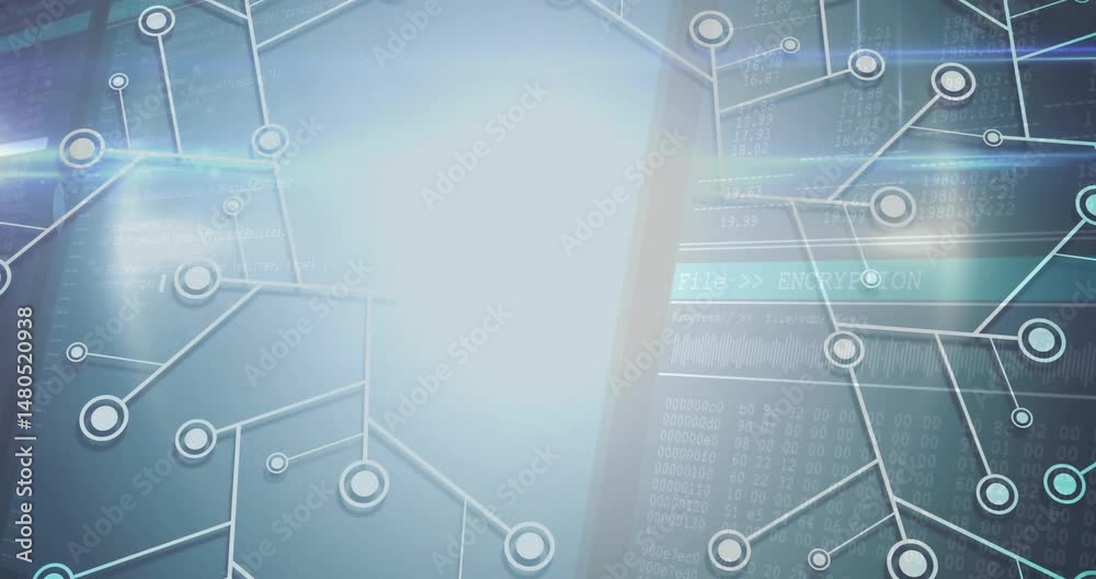 Poster central panel glowing while circuit lines branching and nodes pulsing on code backdrop in 3d design