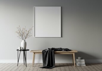 Interior scene with blank frame, bench, table, and vase against a gray wall