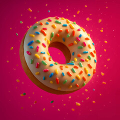 Floating Rainbow Sprinkles Donut – Hyperreal Macro Shot with Crumbs and Splashes on Pink...