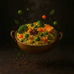 Cinematic Gourmet Vegetable Biryani in Mid-Air – Moody Food Photography with Flying Ingredients