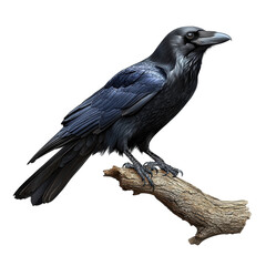 Fototapeta premium Majestic Raven Perched on Branch Dark Feathers Intense Gaze Isolated on on transparent background