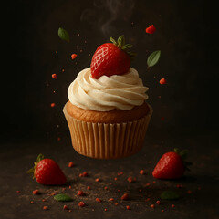 Cinematic Gourmet Cupcake in Mid-Air – Moody Food Photography with Flying Ingredients