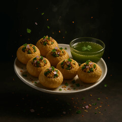 Cinematic Plate of Pani Puri in Mid-Air – Moody Food Photography with Flying Ingredients