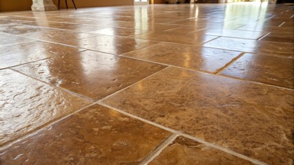 Tiled floor with a rich brown hue, each tile featuring a textured surface, reflecting light in a pattern of subtle sunbeams.