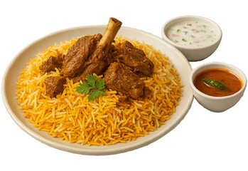 Plate of Mutton Dum Biryani with Raita and Mirchi ka Saalan PNG