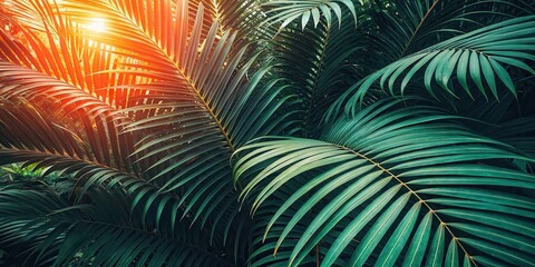 The sun shining through a lush canopy of tropical palm leaves, creating a vibrant and verdant scene.