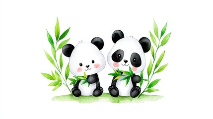 Obraz premium Adorable Panda Twins Eating Bamboo - Two cute baby pandas sitting together, enjoying fresh bamboo shoots. Watercolor illustration