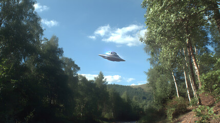UFO über sonniger Waldlandschaft bei Tag
