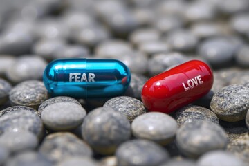 Choice between Fear and Love: Two pills labeled "Fear" and "Love" rest among smooth stones. Reflecting on choices