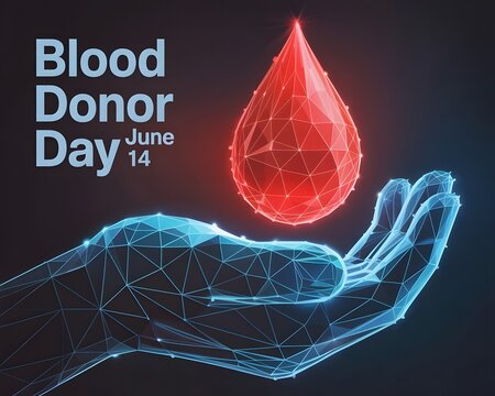 World Blood Donor Day June 14th Abstract Low Poly Blood Drop in Hand