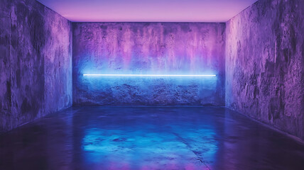 Concrete room shines with the glow of a single neon light casting purple hues