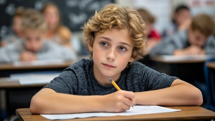 schoolboy sitting at at a classroom desk, concentrated taking a test - Powered by Adobe