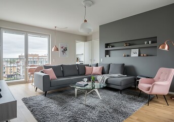 Modern living room interior with gray sofa, pink accents, and city view