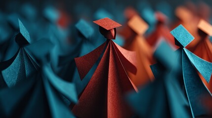 Abstract Colorful Paper Crowd with Female Leader – Diversity and Graduation Ceremony Concept on Dark Background