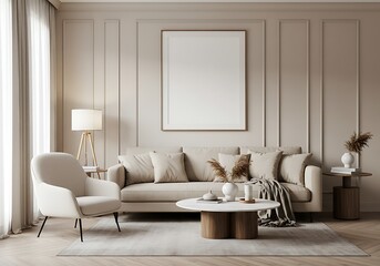 Elegant living room interior with sofa, armchair, and blank frame