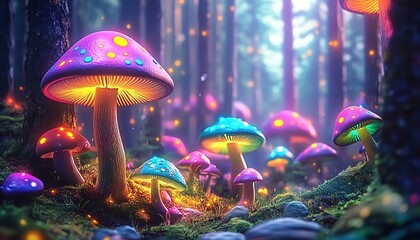 Enchanted Forest with Colorful Mushrooms