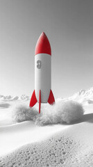 A minimalistic and cute rocket launches upwards, set against a plain background with ample caption space on the side. The simple design conveys a sense of excitement and innovation, perfect for space-