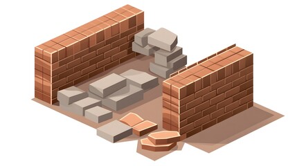 Modern grey brick wall with isometric perspective and textured layers of plaster